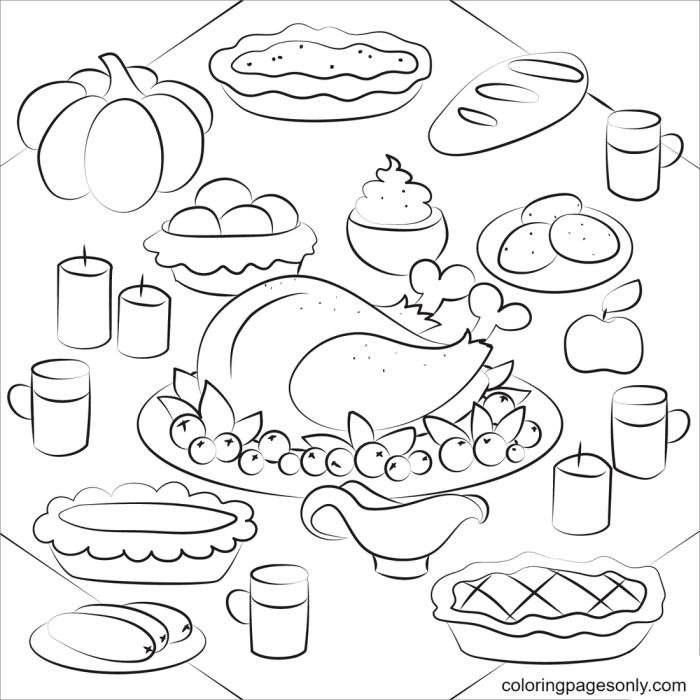 Thanksgiving coloring pages food feast color dinner drawing turkey printable pdf sheets llamacorn cute family pilgrim print getcolorings colorings paintingvalley